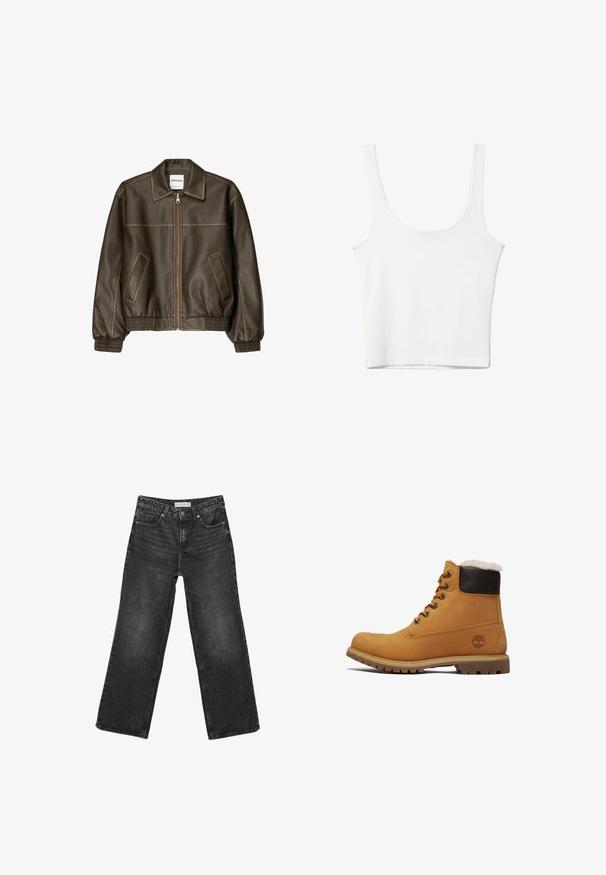 Veste bomber en cuir marron avec fermeture éclair à l'avant, col pointu, poignets et ourlet élastiqués, et poches latérales. Coutures contrastées visibles.; Débardeur en coton blanc avec un décolleté arrondi, sans manches et ajusté. Texture lisse, design uni et détails de couture minimaux.; Jean noir à jambes larges, poches avant et fermeture par bouton, étiquette de taille 38 visible à la ceinture.; Bottine en cuir tan avec un col rembourré marron, des œillets en métal et une semelle texturée et durable. Présente un logo près du talon.