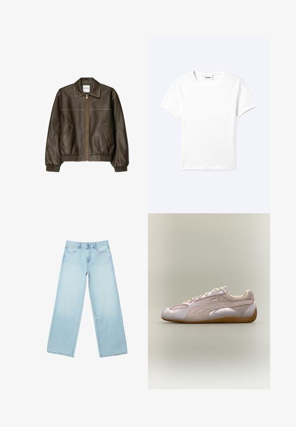 Veste bomber en cuir marron avec fermeture éclair à l'avant, col pointu, poignets et ourlet élastiqués, et poches latérales. Coutures contrastées visibles.; T-shirt blanc uni à manches courtes et col rond avec une petite étiquette "WEEKDAY" à l'intérieur de l'encolure, présenté à plat sur un fond clair.; Jean denim bleu clair à jambes larges avec une coupe décontractée, doté d'un design à cinq poches, d'accessoires métalliques argentés et de coutures visibles.; Baskets Puma profil bas en beige et rose clair avec un design à lacets et une semelle en caoutchouc naturel sur fond uni.