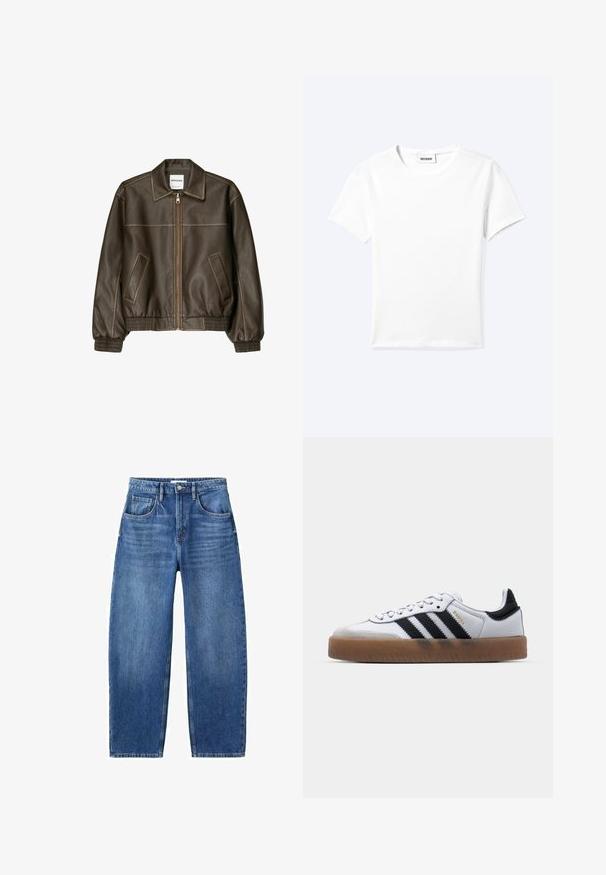 Veste bomber en cuir marron avec fermeture éclair à l'avant, col pointu, poignets et ourlet élastiqués, et poches latérales. Coutures contrastées visibles.; T-shirt blanc uni à manches courtes et col rond avec une petite étiquette "WEEKDAY" à l'intérieur de l'encolure, présenté à plat sur un fond clair.; Jean bleu clair en denim, avec une taille haute, une coupe droite, cinq poches, et une fermeture par bouton. Détail de décoloration minimale et coutures.; Baskets en cuir blanc avec des rayures noires, semelle extérieure en caoutchouc beige, bout rond, fermeture lacée et embout en suède gris doux.