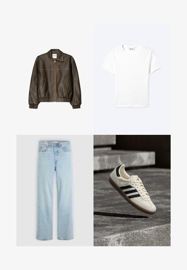 Veste bomber en cuir marron avec fermeture éclair à l'avant, col pointu, poignets et ourlet élastiqués, et poches latérales. Coutures contrastées visibles.; T-shirt blanc uni à manches courtes et col rond avec une petite étiquette "WEEKDAY" à l'intérieur de l'encolure, présenté à plat sur un fond clair.; Jean en denim bleu clair avec une coupe droite, comportant cinq poches, une fermeture éclair classique et des accents de couture visibles.; Baskets blanches Adidas Samba avec des bandes noires et une semelle en gomme, flottant au-dessus de marches en béton gris texturé.