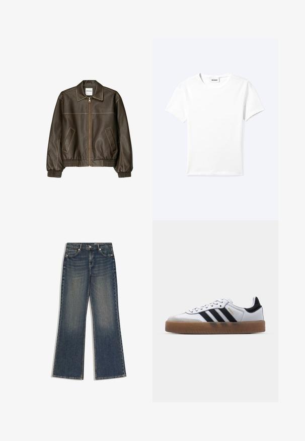 Veste bomber en cuir marron avec fermeture éclair à l'avant, col pointu, poignets et ourlet élastiqués, et poches latérales. Coutures contrastées visibles.; T-shirt blanc uni à manches courtes et col rond avec une petite étiquette "WEEKDAY" à l'intérieur de l'encolure, présenté à plat sur un fond clair.; Jean droit en denim bleu foncé avec poches avant, passants pour ceinture et fermeture par bouton, présentant une légère décoloration sur les cuisses.; Baskets en cuir blanc avec des rayures noires, semelle extérieure en caoutchouc beige, bout rond, fermeture lacée et embout en suède gris doux.
