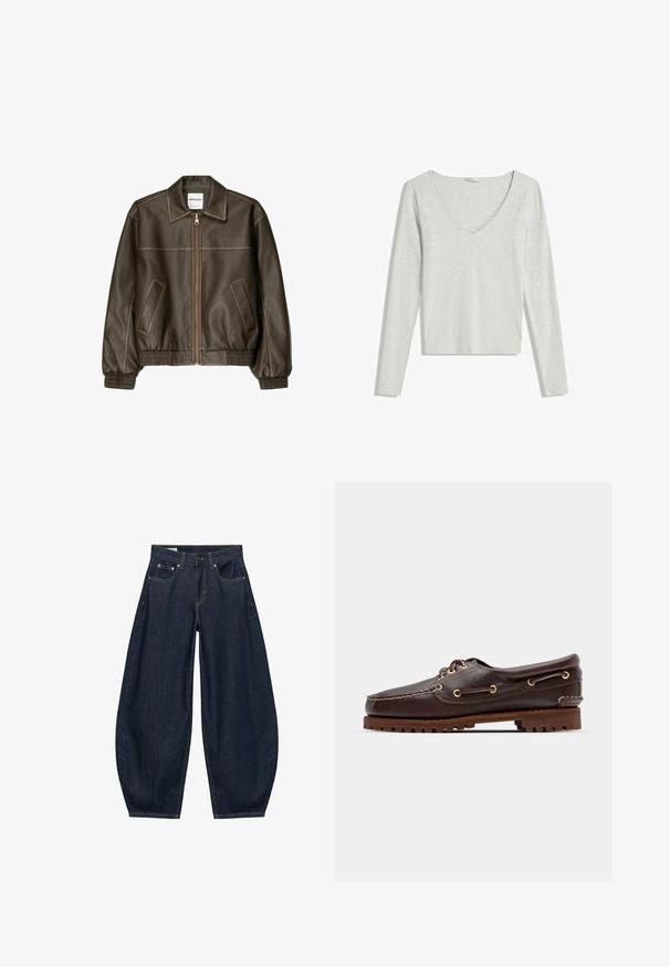 Veste bomber en cuir marron avec fermeture éclair à l'avant, col pointu, poignets et ourlet élastiqués, et poches latérales. Coutures contrastées visibles.; Crop top long à manches longues gris clair avec un large décolleté en V, posé à plat sur un fond blanc.; Jean en denim bleu foncé à jambes larges avec poches avant, passants de ceinture et fermeture par bouton à la taille.; Bateau en cuir marron avec des œillets dorés, des lacets ronds et une semelle en caoutchouc marron texturée. Présente des détails de couture et un logo en relief.