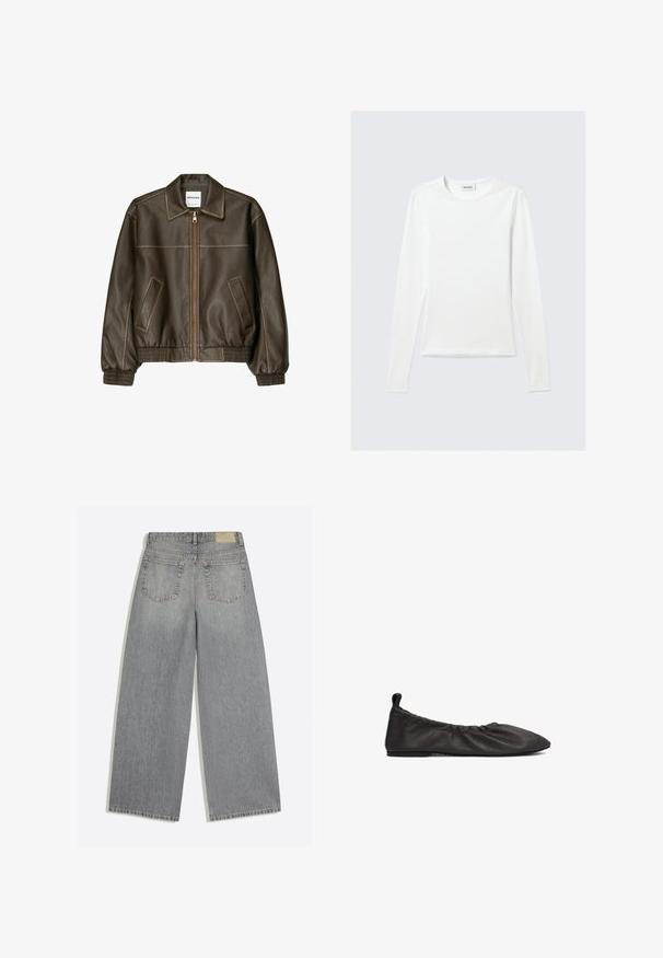 Veste marron en simili cuir avec fermeture éclair devant, deux poches inclinées, poignets et taille côtelés, présentée sur fond blanc.; T-shirt blanc uni à manches longues avec col rond et coupe slim, présenté sur un fond gris clair.; Jean en denim gris à jambes larges montrant l'arrière avec deux poches et des passants de ceinture, posé à plat sur fond blanc.; Chaussure plate en cuir noir avec un bord élastique froncé, bout pointu et surface lisse. Présente un design minimaliste sans quincaillerie visible.