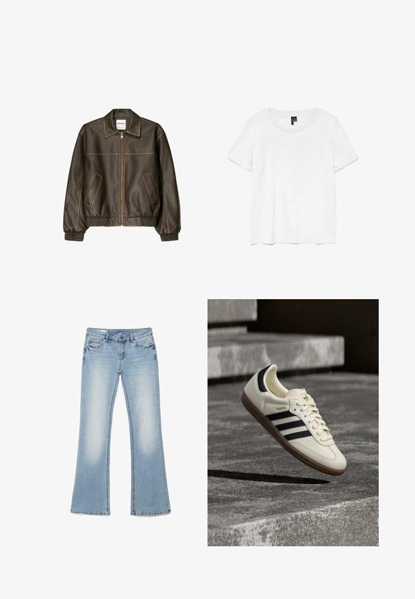 Veste bomber en cuir marron avec fermeture éclair à l'avant, col pointu, poignets et ourlet élastiqués, et poches latérales. Coutures contrastées visibles.; T-shirt blanc à manches courtes avec un col rond, fabriqué en tissu léger. Design simple, texture lisse et ourlet droit.; Jean en denim bleu clair à jambes évasées, style cinq poches, fermeture par bouton, avec des détails légèrement délavés sur les cuisses.; Baskets blanches Adidas Samba avec des bandes noires et une semelle en gomme, flottant au-dessus de marches en béton gris texturé.
