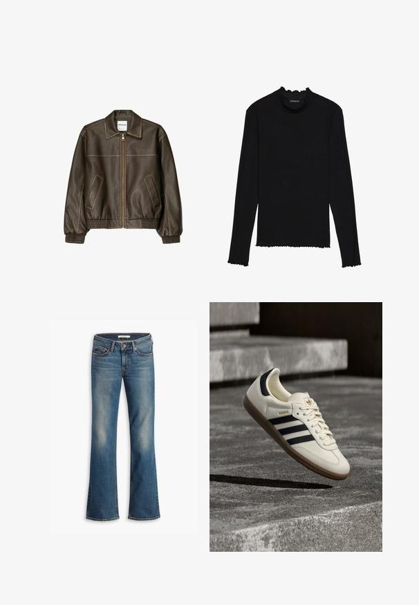 Veste bomber en cuir marron avec fermeture éclair à l'avant, col pointu, poignets et ourlet élastiqués, et poches latérales. Coutures contrastées visibles.; Haut noir à manches longues en tissu côtelé, présentant un col montant à volants et des bords bruts pour un aspect texturé.; Jeans bootcut en denim bleu avec cinq poches et une fermeture à bouton, présentant des zones décolorées sur les cuisses et les genoux.; Baskets blanches Adidas Samba avec des bandes noires et une semelle en gomme, flottant au-dessus de marches en béton gris texturé.