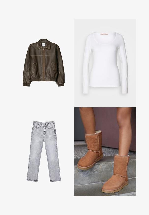 Veste marron en simili cuir avec fermeture éclair devant, deux poches inclinées, poignets et taille côtelés, présentée sur fond blanc.; T-shirt en coton blanc à manches longues, avec un col rond et une coupe ajustée, au toucher doux et sans ornement.; Jean en denim gris avec une coupe droite, des détails déchirés, cinq poches et des rivets en cuivre. La ceinture présente une étiquette de logo.; Bottines en suede marron, à bout rond, avec une doublure douce et une semelle en caoutchouc, présentant des détails de couture visibles le long des coutures.