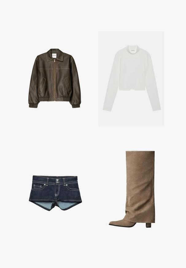 Veste bomber en cuir marron avec fermeture éclair à l'avant, col pointu, poignets et ourlet élastiqués, et poches latérales. Coutures contrastées visibles.; Haut blanc à manches longues avec un col haut, présentant un design de couture diagonale et un ourlet court. Tissu doux au toucher lisse.; Shorts en jean bleu foncé avec une doublure intérieure bleu clair, présentant des poches avant, deux boutons et une couture contrastée au niveau de la taille.; Botte haute en daim beige avec un embout pointu, une forme structurée et un talon bloc. Caractéristiques d'une texture lisse et d'un design minimaliste.