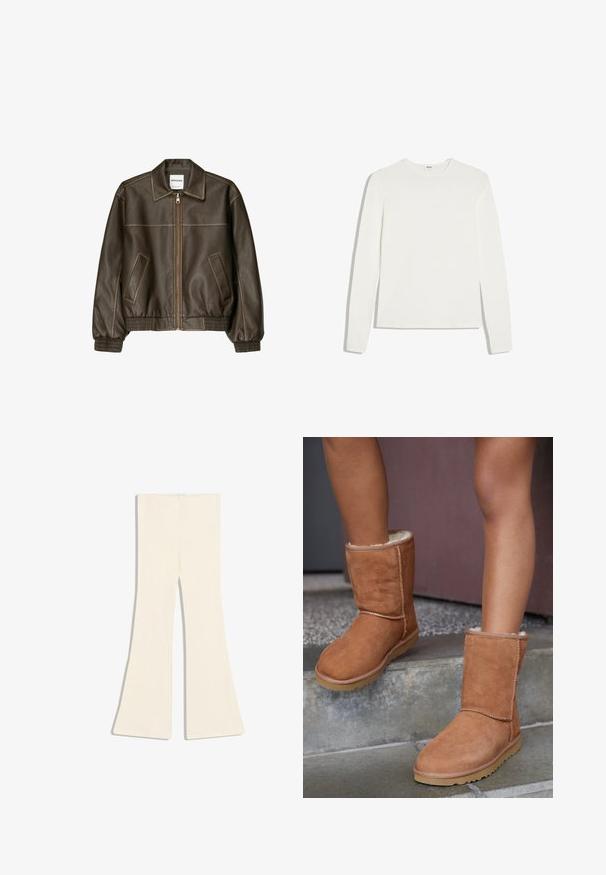 Veste bomber en cuir marron avec fermeture éclair à l'avant, col pointu, poignets et ourlet élastiqués, et poches latérales. Coutures contrastées visibles.; T-shirt blanc uni à manches longues avec col rond et coupe ajustée, posé à plat sur un fond blanc.; Pantalon en maille côtelée couleur crème avec design de jambes évasées, présenté à plat sur un fond blanc.; Bottines en suede marron, à bout rond, avec une doublure douce et une semelle en caoutchouc, présentant des détails de couture visibles le long des coutures.