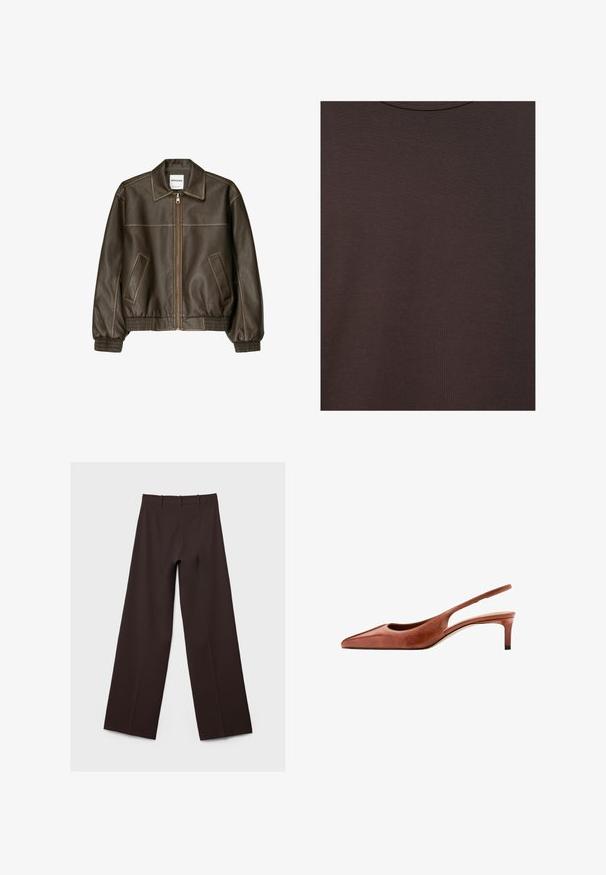 Veste bomber en cuir marron avec fermeture éclair à l'avant, col pointu, poignets et ourlet élastiqués, et poches latérales. Coutures contrastées visibles.; T-shirt col rond marron foncé en tissu tricoté doux avec une fine texture côtelée.; Pantalon marron foncé à jambes larges avec passants pour ceinture, coutures devant et ceinture plate, posé à plat sur un fond clair.; Chaussure slingback en cuir marron à bout pointu, petit talon kitten et fine bride autour du talon sur fond blanc.