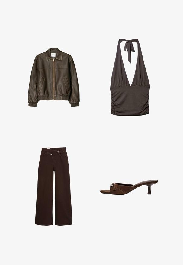 Veste bomber en cuir marron avec fermeture éclair à l'avant, col pointu, poignets et ourlet élastiqués, et poches latérales. Coutures contrastées visibles.; Haut dos nu noir avec décolleté en V profond et fermeture par nœud au cou, avec côtés froncés et taille ajustée.; Jean taille haute, coupe large, couleur marron, avec fermeture éclair et bouton à l'avant, comprenant des poches avant et arrière.; Mule ouverte en suède marron avec talon bas en forme de petit chat et détail de boucle argentée sur une large bride traversant le pied.