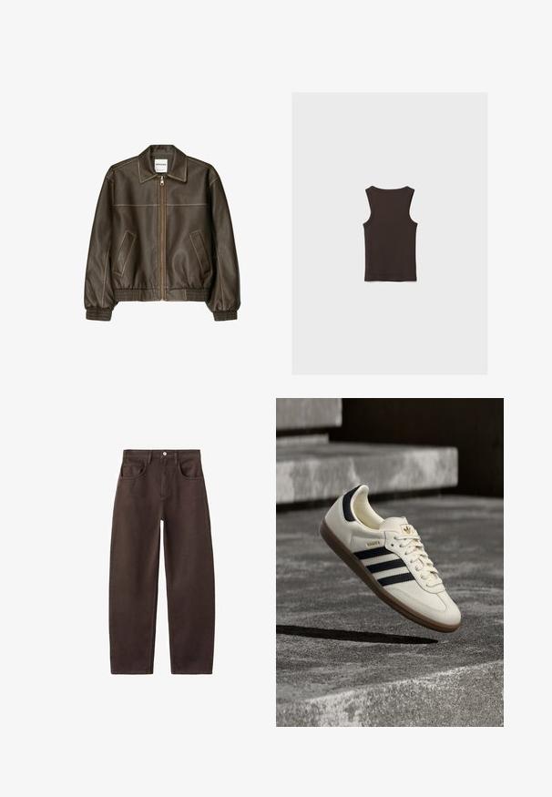 Veste marron en simili cuir avec fermeture éclair devant, deux poches inclinées, poignets et taille côtelés, présentée sur fond blanc.; Débardeur sans manches brun foncé avec un col rond, posé à plat montrant le dos sur un fond clair uni.; Jean en denim marron à jambes droites avec un design à cinq poches, fermeture par boutons et coutures apparentes. La texture du tissu paraît solide et lisse.; Baskets blanches Adidas Samba avec des bandes noires et une semelle en gomme, flottant au-dessus de marches en béton gris texturé.