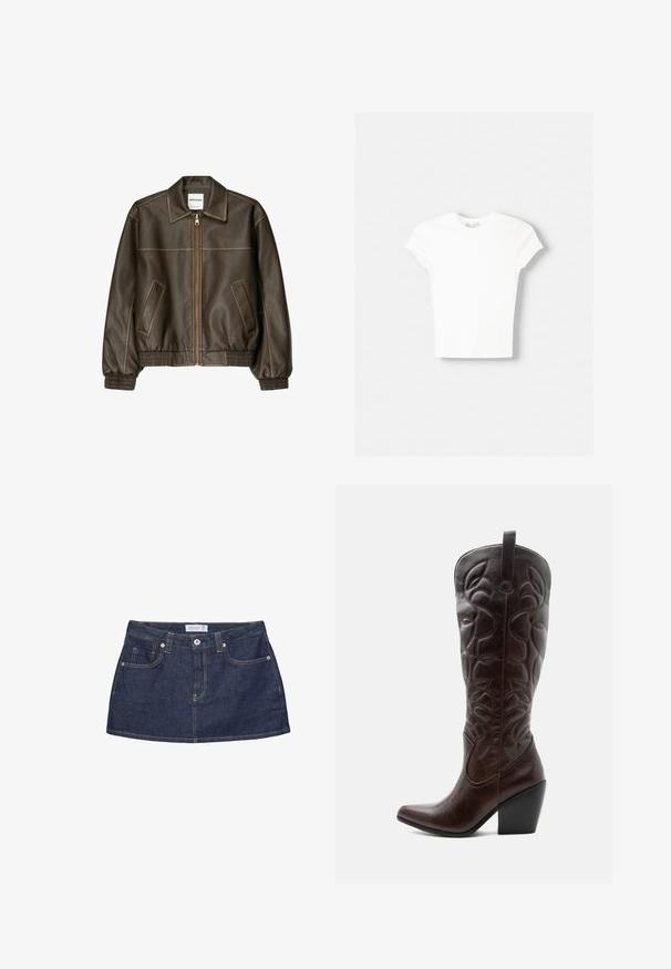 Veste bomber en cuir marron avec fermeture éclair à l'avant, col pointu, poignets et ourlet élastiqués, et poches latérales. Coutures contrastées visibles.; T-shirt blanc à manches courtes en coton doux, avec un col rond et une coupe ajustée. Pas de motifs ni d'ornements visibles.; Minijupe en denim bleu foncé avec bouton sur le devant, poches, passants de ceinture et coutures orange visibles sur fond blanc.; Botte de cowboy haute en cuir marron foncé avec motifs décoratifs cousus, bout pointu et talon bloc empilé.
