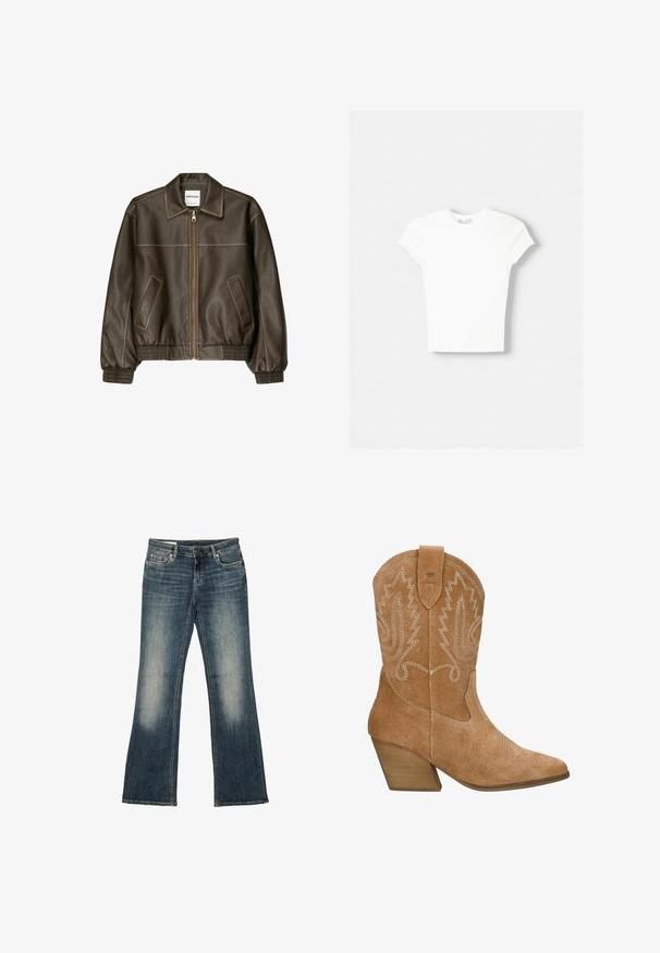 Veste bomber en cuir marron avec fermeture éclair à l'avant, col pointu, poignets et ourlet élastiqués, et poches latérales. Coutures contrastées visibles.; T-shirt blanc à manches courtes en coton doux, avec un col rond et une coupe ajustée. Pas de motifs ni d'ornements visibles.; Jean en denim bleu avec un léger délavage sur les cuisses et les genoux, coupe droite, design cinq poches et fermeture par bouton à la taille.; Wojas R.36 - Bottines de cowboy / motard - light brown