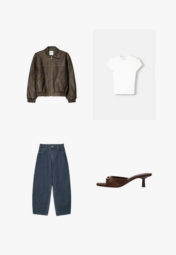 Veste bomber en cuir marron avec fermeture éclair à l'avant, col pointu, poignets et ourlet élastiqués, et poches latérales. Coutures contrastées visibles.; T-shirt blanc à manches courtes en coton doux, avec un col rond et une coupe ajustée. Pas de motifs ni d'ornements visibles.; Jeans en denim bleu foncé à jambes larges avec une taille haute, dotés de cinq poches et de détails de couture visibles. Design épuré et minimal.; Mule ouverte en suède marron avec talon bas en forme de petit chat et détail de boucle argentée sur une large bride traversant le pied.