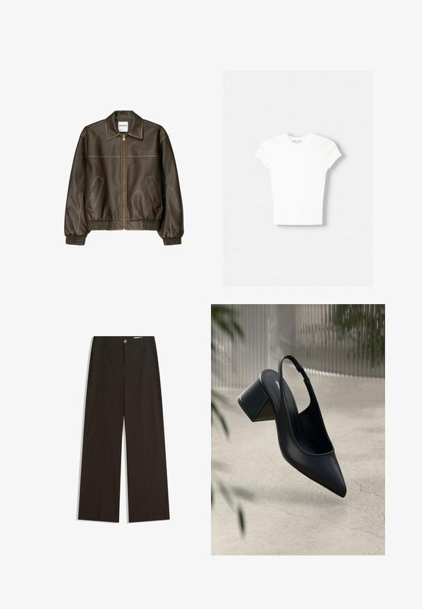 Veste bomber en cuir marron avec fermeture éclair à l'avant, col pointu, poignets et ourlet élastiqués, et poches latérales. Coutures contrastées visibles.; T-shirt blanc à manches courtes en coton doux, avec un col rond et une coupe ajustée. Pas de motifs ni d'ornements visibles.; Pantalon à jambes larges en tissu marron foncé, avec des fines rayures verticales, une fermeture boutonnée à l'avant et deux poches latérales pour plus de fonctionnalité.; Escarpin noir en cuir avec un bout pointu et un talon bloc. Texture lisse, design minimaliste et bride de cheville réglable.