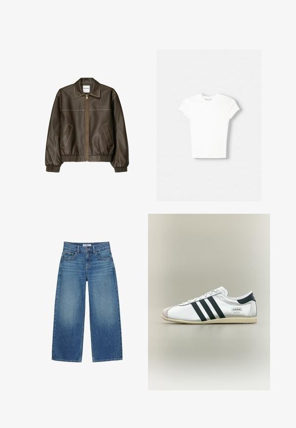Veste bomber en cuir marron avec fermeture éclair à l'avant, col pointu, poignets et ourlet élastiqués, et poches latérales. Coutures contrastées visibles.; T-shirt blanc à manches courtes en coton doux, avec un col rond et une coupe ajustée. Pas de motifs ni d'ornements visibles.; Jean large en denim bleu avec bouton frontal, fermeture éclair, passants pour ceinture et design à cinq poches, étalé à plat sur un fond blanc.; Baskets Adidas Paris blanches avec des rayures noires, une semelle beige et un bout en cuir suédé, vues de profil sur un fond neutre.