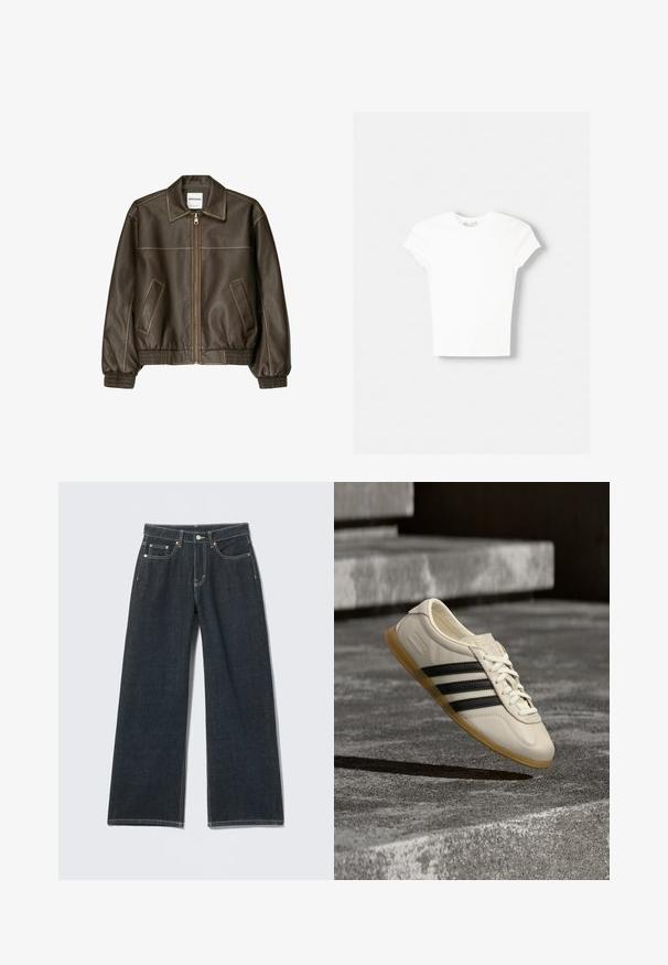 Braune Lederbomberjacke mit einem Reißverschluss vorne, spitzem Kragen, elastischen Bündchen und Saum sowie Seitentaschen. Sichtbare Kontrastnähte.; Weißes kurzärmliges T-Shirt aus weicher Baumwolle, mit Rundhalsausschnitt und figurbetonter Form. Keine sichtbaren Muster oder Verzierungen.; Dunkelblaue Jeans mit weitem Bein, vorn mit Knöpfen, Reißverschluss, Gürtelschlaufen und fünf Taschen, auf hellem einfarbigem Hintergrund.; Weißer Sneaker mit schwarzen Streifen und Gummisohle schwebt über Betontreppen im sanften Tageslicht.