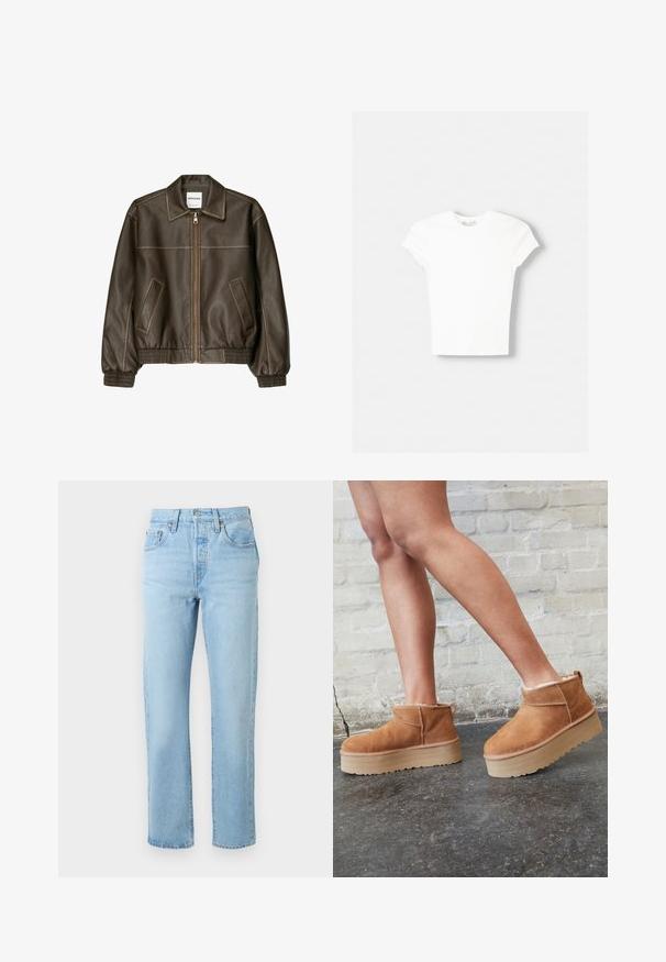 Veste bomber en cuir marron avec fermeture éclair à l'avant, col pointu, poignets et ourlet élastiqués, et poches latérales. Coutures contrastées visibles.; T-shirt blanc à manches courtes en coton doux, avec un col rond et une coupe ajustée. Pas de motifs ni d'ornements visibles.; Jean bleu clair taille haute, jambe droite, avec poches avant et arrière, passants de ceinture et fermeture à bouton.; Bottines en suède marron avec une doublure en peluche, semelle épaisse en beige et une poignée à l'arrière. Surface texturée avec des détails de couture visibles.