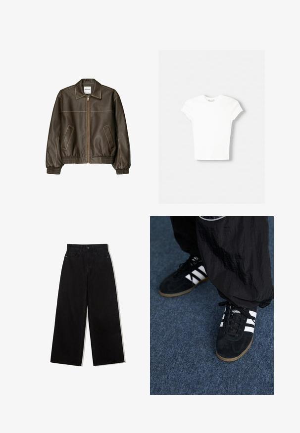 Braune Lederbomberjacke mit einem Reißverschluss vorne, spitzem Kragen, elastischen Bündchen und Saum sowie Seitentaschen. Sichtbare Kontrastnähte.; Weißes kurzärmliges T-Shirt aus weicher Baumwolle, mit Rundhalsausschnitt und figurbetonter Form. Keine sichtbaren Muster oder Verzierungen.; Schwarze, weit geschnittene Jeans aus Denim mit hoher Taille, die ein Fünf-Taschen-Design und einen einzelnen Knopfverschluss vorne aufweist.; Schwarze Wildleder-Sportschuhe mit drei weißen Streifen und schwarzen Schnürsenkeln. Eine strukturierte schwarze Hose ist teilweise neben den Schuhen sichtbar.
