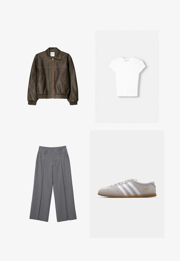 Veste bomber en cuir marron avec fermeture éclair à l'avant, col pointu, poignets et ourlet élastiqués, et poches latérales. Coutures contrastées visibles.; T-shirt blanc à manches courtes en coton doux, avec un col rond et une coupe ajustée. Pas de motifs ni d'ornements visibles.; Pantalon gris à jambes larges avec plis sur le devant, passants de ceinture et poches latérales, présenté à plat sur un fond blanc.; Baskets en daim gris avec des rayures en cuir blanc et un logo doré. Semelle en gomme plate, bout rond et design classique à lacets.