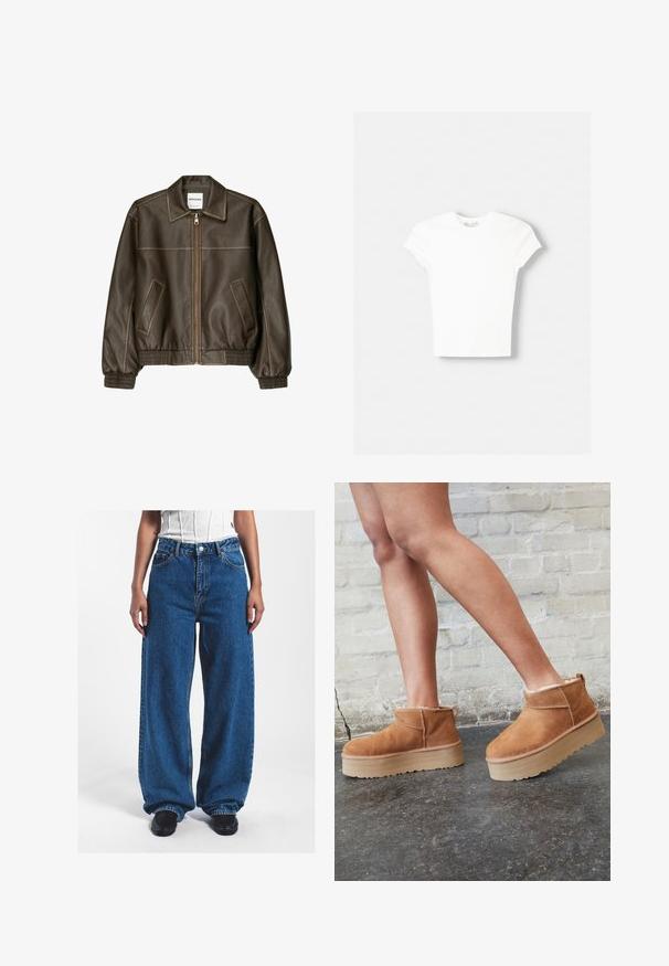 Veste bomber en cuir marron avec fermeture éclair à l'avant, col pointu, poignets et ourlet élastiqués, et poches latérales. Coutures contrastées visibles.; T-shirt blanc à manches courtes en coton doux, avec un col rond et une coupe ajustée. Pas de motifs ni d'ornements visibles.; Jean en denim bleu à jambes larges avec une taille haute, dotés d'une fermeture à bouton, de poches avant et d'une texture légèrement décolorée.; Bottines en suède marron avec une doublure en peluche, semelle épaisse en beige et une poignée à l'arrière. Surface texturée avec des détails de couture visibles.