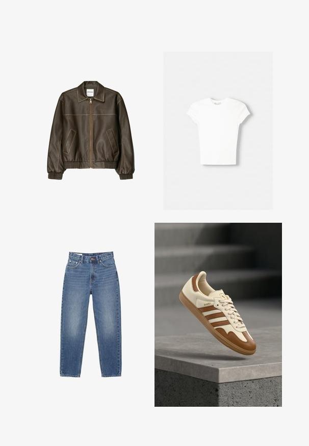 Veste bomber en cuir marron avec fermeture éclair à l'avant, col pointu, poignets et ourlet élastiqués, et poches latérales. Coutures contrastées visibles.; T-shirt blanc à manches courtes en coton doux, avec un col rond et une coupe ajustée. Pas de motifs ni d'ornements visibles.; Jean en denim bleu à coupe droite, cinq poches, avec des détails de surpiqûres visibles sur fond blanc.; Baskets classiques avec une tige en cuir crème, des accents marron, trois bandes et une semelle en caoutchouc texturée. Elles présentent un bout arrondi et une fermeture à lacets.