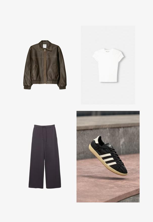 Veste bomber en cuir marron avec fermeture éclair à l'avant, col pointu, poignets et ourlet élastiqués, et poches latérales. Coutures contrastées visibles.; T-shirt blanc à manches courtes en coton doux, avec un col rond et une coupe ajustée. Pas de motifs ni d'ornements visibles.; Pantalons larges gris foncé avec taille élastique et cordon de serrage, fabriqués dans un tissu doux, présentés sur un fond blanc.; Baskets Adidas noires avec des bandes blanches et une semelle beige, capturées en plein air au-dessus d'une surface en pierre et d'un mur en pierre en arrière-plan.