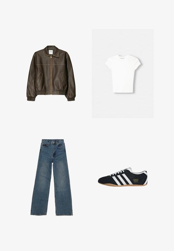 Braune Lederbomberjacke mit einem Reißverschluss vorne, spitzem Kragen, elastischen Bündchen und Saum sowie Seitentaschen. Sichtbare Kontrastnähte.; Weißes kurzärmliges T-Shirt aus weicher Baumwolle, mit Rundhalsausschnitt und figurbetonter Form. Keine sichtbaren Muster oder Verzierungen.; Helleblaue Jeans im weiten Schnitt mit hoher Taille, fünf Taschen und kontrastierendem Nähen. Verwaschungen und leichte Abnutzungserscheinungen auf dem Stoff sichtbar.; Schwarze Wildledersneaker mit drei weißen Streifen, goldenem Logo und brauner Gummisohle. Merkmale ein niedrigprofiliertes Schnürdesign.