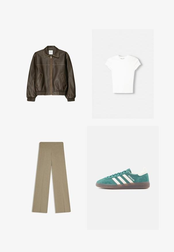 Veste bomber en cuir marron avec fermeture éclair à l'avant, col pointu, poignets et ourlet élastiqués, et poches latérales. Coutures contrastées visibles.; T-shirt blanc à manches courtes en coton doux, avec un col rond et une coupe ajustée. Pas de motifs ni d'ornements visibles.; Pantalon beige à jambes larges avec fines rayures verticales discrètes et une taille haute, posé à plat sur un fond blanc.; Baskets en daim vert avec des accents en cuir blanc et trois bandes blanches. Dotées d'une semelle en caoutchouc et d'un col rembourré pour plus de confort.