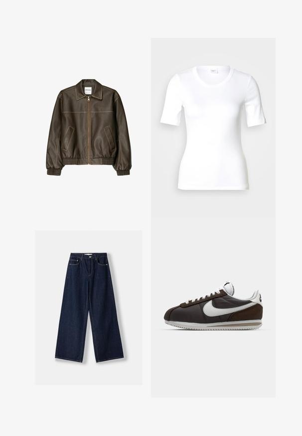 Veste bomber en cuir marron avec fermeture éclair à l'avant, col pointu, poignets et ourlet élastiqués, et poches latérales. Coutures contrastées visibles.; T-shirt blanc à manches courtes en coton lisse, doté d'un col rond et d'une coupe ajustée. Design classique, sans motifs ni accents.; Jean en denim bleu foncé à jambes larges avec fermeture avant par bouton et zip, poches avant et passants pour ceinture, posé à plat sur un fond blanc.; Baskets Nike marron et gris avec accents blancs ; matériaux en cuir et en daim ; semelles texturées ; lacets gris ; design rétro classique.