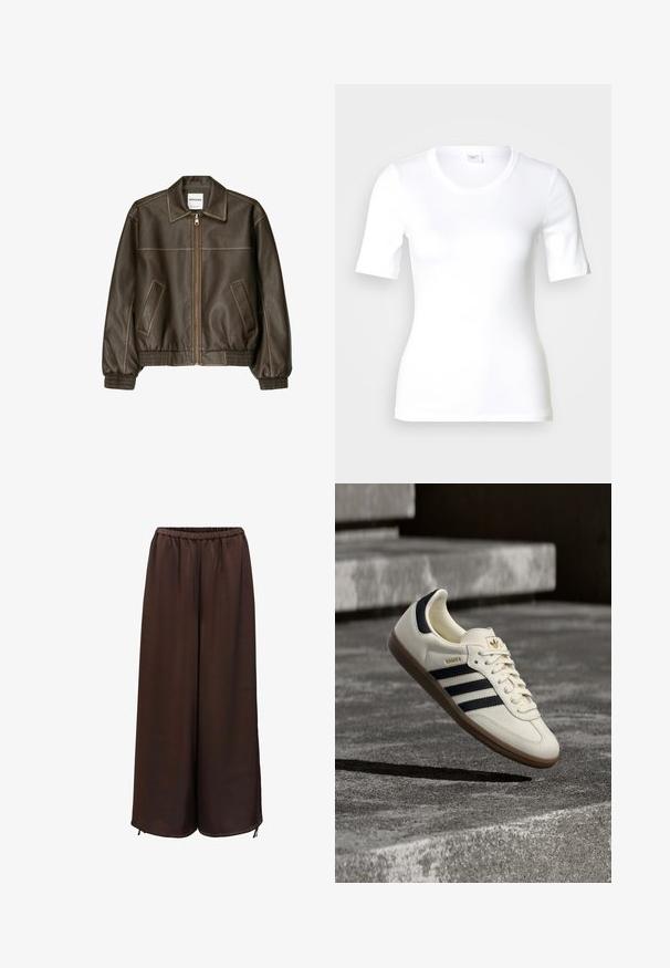 Veste bomber en cuir marron avec fermeture éclair à l'avant, col pointu, poignets et ourlet élastiqués, et poches latérales. Coutures contrastées visibles.; T-shirt blanc à manches courtes en coton lisse, doté d'un col rond et d'une coupe ajustée. Design classique, sans motifs ni accents.; Pantalon marron à jambes larges avec taille élastique et léger détail de cordon aux larges ourlets, présenté sur fond blanc.; Baskets blanches Adidas Samba avec des bandes noires et une semelle en gomme, flottant au-dessus de marches en béton gris texturé.