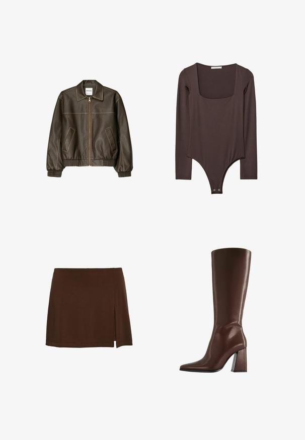 Veste bomber en cuir marron avec fermeture éclair à l'avant, col pointu, poignets et ourlet élastiqués, et poches latérales. Coutures contrastées visibles.; Bodysuit long à manches brunes avec décolleté carré et fermetures à pression à l'entrejambe, fabriqué à partir d'un tissu lisse et extensible.; Mini-jupe marron avec une petite fente latérale, un ourlet droit et des détails de couture simples, présentée sur fond blanc.; Botte en cuir marron montant jusqu'au genou, avec bout pointu et talon épais de hauteur moyenne, vue de profil sur fond blanc.