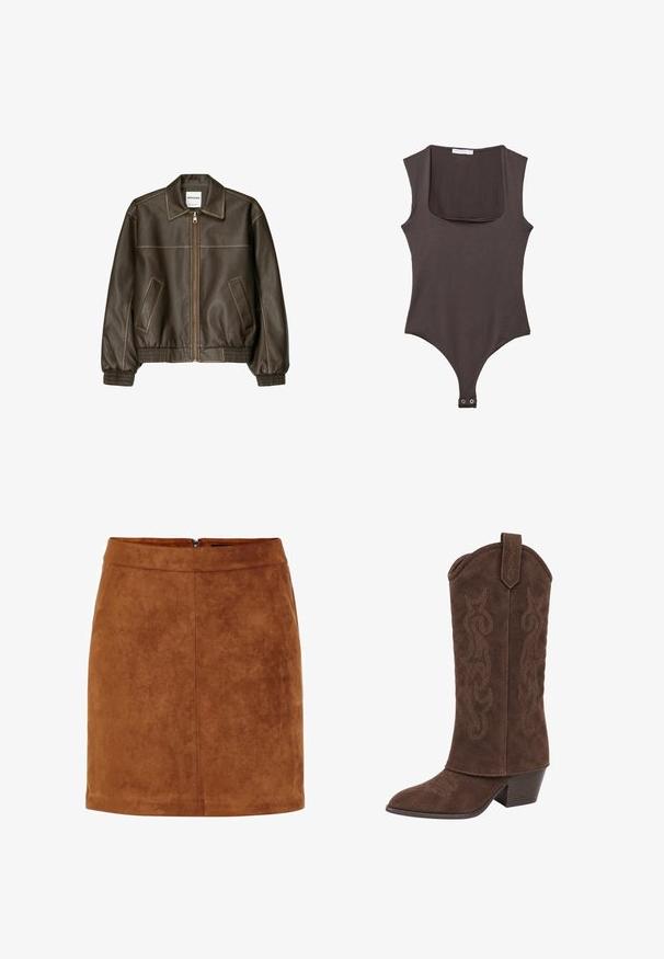 Veste bomber en cuir marron avec fermeture éclair à l'avant, col pointu, poignets et ourlet élastiqués, et poches latérales. Coutures contrastées visibles.; Bodysuit sans manches marron avec un col carré, fabriqué en tissu doux. Comprend une fermeture à pression en bas et une silhouette ajustée.; Mini jupe en daim marron avec une texture lisse, coupe droite et une fermeture à glissière arrière discrète. Présente des détails de couture pour apporter de la structure.; Botte de cowboy en daim marron avec motifs brodés, bout pointu, languette de tirage et talon bloc empilé de hauteur moyenne.