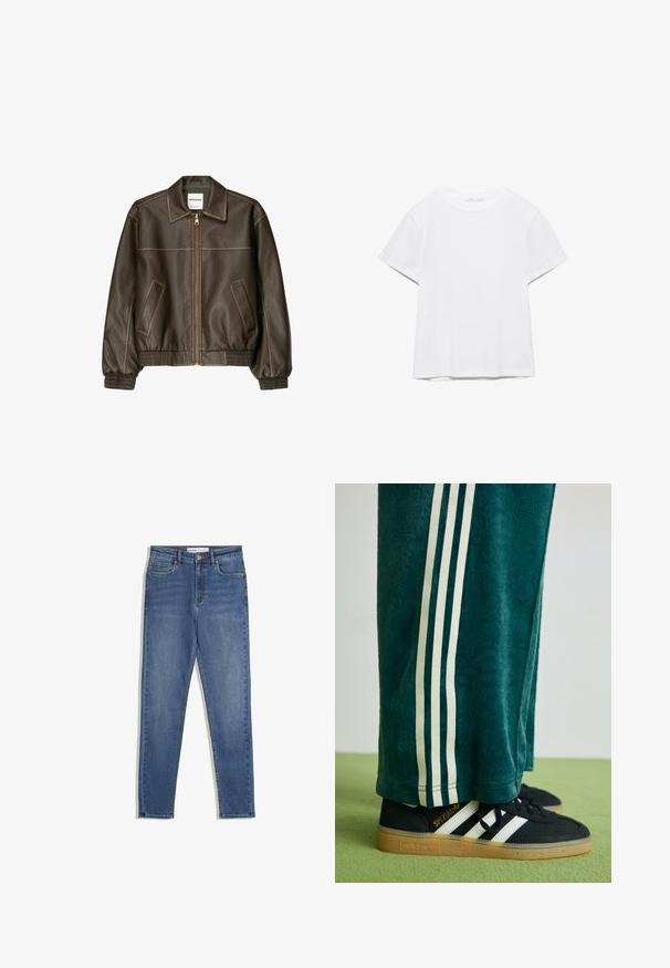 Braune Lederbomberjacke mit einem Reißverschluss vorne, spitzem Kragen, elastischen Bündchen und Saum sowie Seitentaschen. Sichtbare Kontrastnähte.; Unifarbenes weißes T-Shirt mit kurzen Ärmeln und Rundhalsausschnitt, gerader Saum, dargestellt auf weißem Hintergrund.; Blaue Denim-Jeans mit hoher Taille, slim Fit, Fronttaschen, Reißverschluss und kontrastierenden Nähten. Strukturierte Gestaltung mit glatter Textur.; Grüne strukturierte Hose mit weißen Seitenstreifen, kombiniert mit schwarzen Adidas Turnschuhen, die drei weiße Streifen und eine Gummisohle haben.