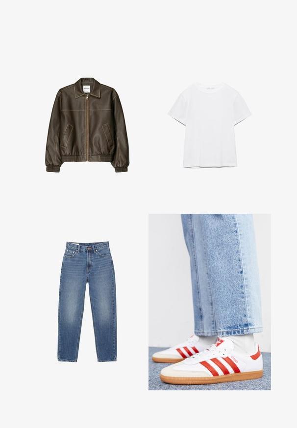 Braune Lederbomberjacke mit einem Reißverschluss vorne, spitzem Kragen, elastischen Bündchen und Saum sowie Seitentaschen. Sichtbare Kontrastnähte.; Unifarbenes weißes T-Shirt mit kurzen Ärmeln und Rundhalsausschnitt, gerader Saum, dargestellt auf weißem Hintergrund.; Blaue Jeans aus Denim mit geradem Bein, im Fünf-Taschen-Stil und sichtbaren Nähten auf weißem Hintergrund.; Weiße Leder Sneaker mit roten Streifen und Akzenten. Verfügt über eine strukturierte Gummi-Laufsohle und einen gepolsterten Schaft. Tragen mit hellblauer Jeans.