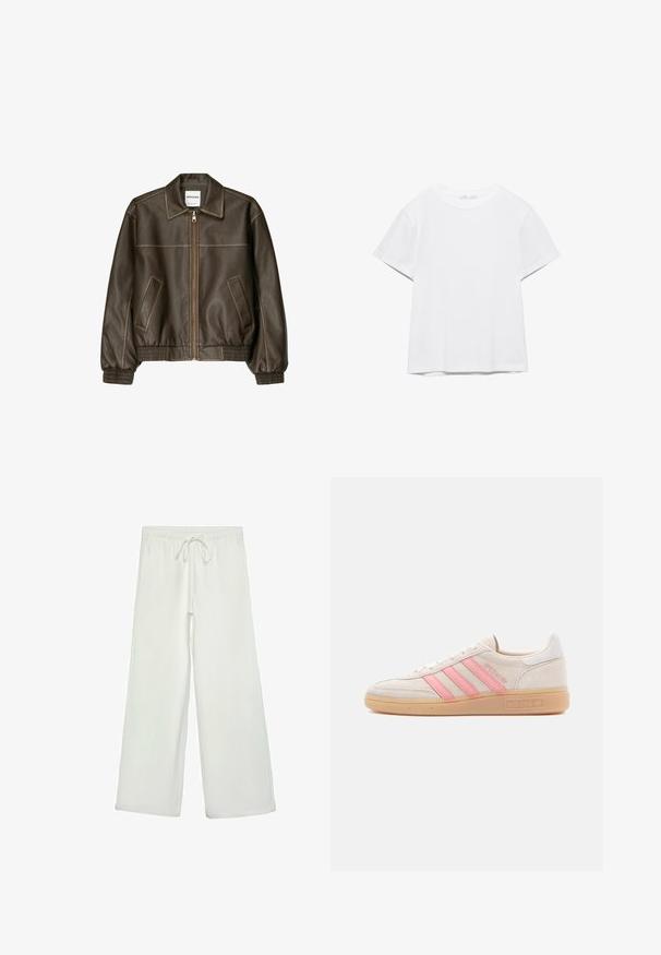 Veste bomber en cuir marron avec fermeture éclair à l'avant, col pointu, poignets et ourlet élastiqués, et poches latérales. Coutures contrastées visibles.; T-shirt blanc uni à manches courtes et col rond, avec un ourlet droit, présenté sur un fond blanc.; Pantalons larges blancs en tissu doux. Dotés d'une taille élastique avec cordon de serrage et d'une texture lisse. Aucuns motifs visibles ni éléments en métal.; Baskets en daim beige avec trois bandes roses sur le côté. Dotées d'une semelle en caoutchouc texturée et d'un accent de talon blanc. Design minimaliste.