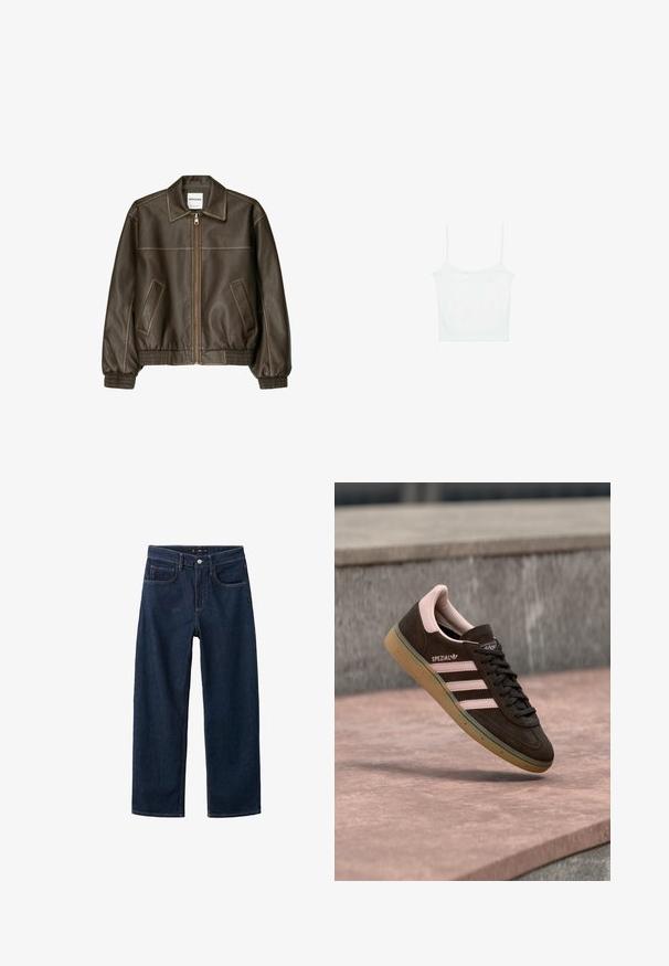 Brun læder bomberjakke med lynlåsfortil, spids krave, elastiske cuffe og kant, samt sidelommer. Kontrastsyninger synlige.; Stradivarius Top - white; Mørkeblå denim jeans med et lige ben-design, der har en klassisk fem-pockets stil, synlig syning og en knaplukning i taljen.; Mørkebrun ruskindsneaker med pink detaljer, der har tre pink striber, en tekstureret sål og en logo på siden. Klassisk lavprofil-design.