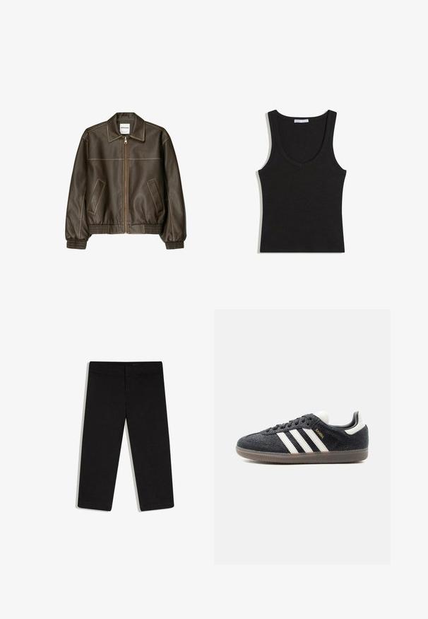 Brown leather bomber jacket with a zip front, pointed collar, elasticized cuffs and hem, and side pockets. Contrast stitching visible.; Black ribbed sleeveless tank top with a scoop neckline, laid flat on a white background.; Black cropped straight-leg trousers with flat front and waistband, no visible pockets, displayed on white background.; Black Adidas Samba sneaker with white stripes, gum sole, and gold "Samba" text on side, shown from left profile on plain background.