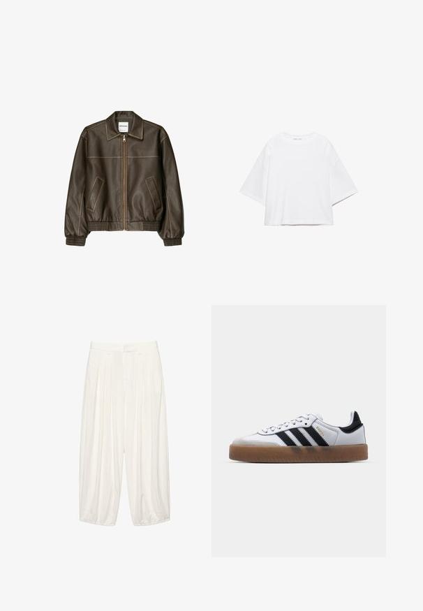 Veste bomber en cuir marron avec fermeture éclair à l'avant, col pointu, poignets et ourlet élastiqués, et poches latérales. Coutures contrastées visibles.; T-shirt blanc à manches courtes, coupe carrée, en coton doux. Présente un col rond et des manches larges, avec un design épuré et simple.; Pantalon blanc à jambes larges et taille haute avec plis, passants pour ceinture et poignets élastiqués, présenté sur un fond blanc.; Baskets en cuir blanc avec des rayures noires, semelle extérieure en caoutchouc beige, bout rond, fermeture lacée et embout en suède gris doux.