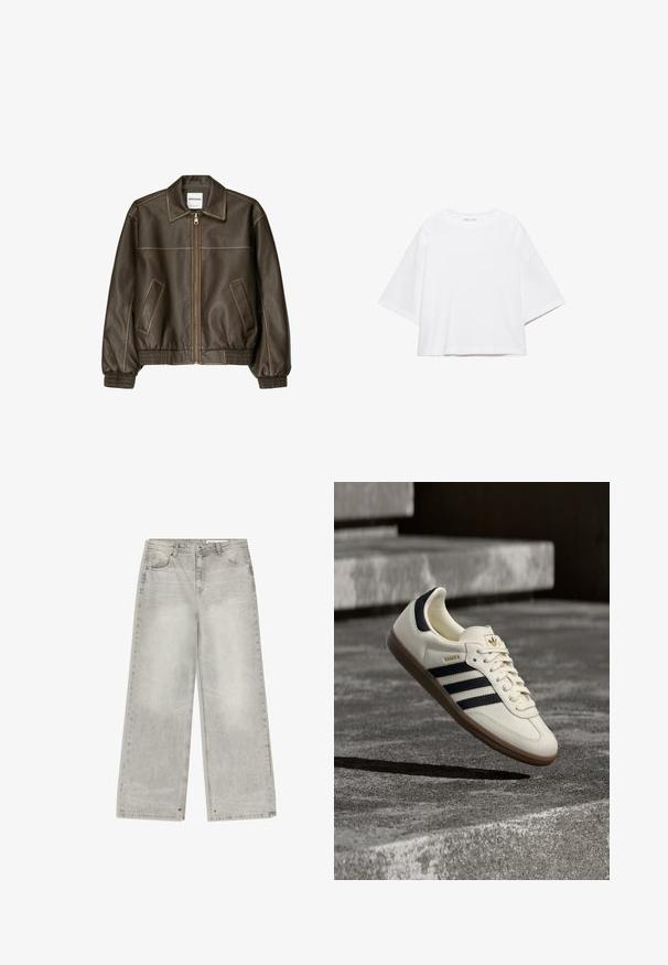 Veste bomber en cuir marron avec fermeture éclair à l'avant, col pointu, poignets et ourlet élastiqués, et poches latérales. Coutures contrastées visibles.; T-shirt blanc à manches courtes, coupe carrée, en coton doux. Présente un col rond et des manches larges, avec un design épuré et simple.; Jean denim gris à jambes larges avec une finition délavée, cinq poches et des éléments métalliques. Le tissu a une texture douce avec un ourlet net.; Baskets blanches Adidas Samba avec des bandes noires et une semelle en gomme, flottant au-dessus de marches en béton gris texturé.