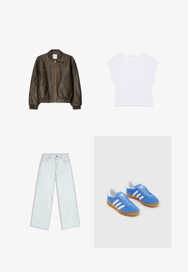 Brun læder bomberjakke med lynlåsfortil, spids krave, elastiske cuffe og kant, samt sidelommer. Kontrastsyninger synlige.; Hvid kortærmet cropped T-shirt med rund halsudskæring, lavet af glat stof, lagt fladt på en hvid baggrund.; Lyseblå vidde-jeans med forreste knap og lynlås, bæltestropper og fem-lomme design, lagt fladt på hvid baggrund.; Blå ruskinds sportsko med hvide stribede detaljer, gummisål og polstret krave for komfort. Har klassisk snørebåndsdesign.