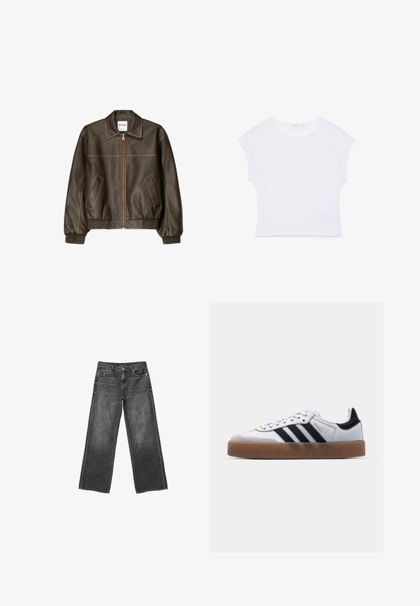 Brun læder bomberjakke med lynlåsfortil, spids krave, elastiske cuffe og kant, samt sidelommer. Kontrastsyninger synlige.; Hvid kortærmet cropped T-shirt med rund halsudskæring, lavet af glat stof, lagt fladt på en hvid baggrund.; Mørkegrå denim jeans med vid ben, front- og baglommer, knaplukning og diskrete slidte detaljer.; Hvide lædersneakers med sorte striber, gummirubber sål, rund tå, snørelukning og blød grå ruskinds tåhætte.