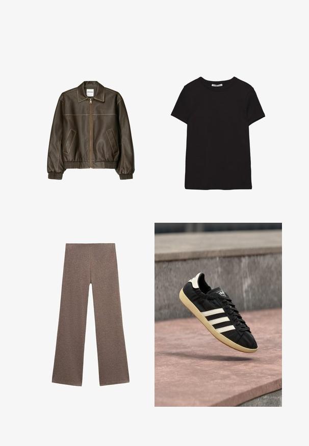 Veste bomber en cuir marron avec fermeture éclair à l'avant, col pointu, poignets et ourlet élastiqués, et poches latérales. Coutures contrastées visibles.; T-shirt noir en coton à manches courtes avec encolure ronde, coupe standard et étiquette intérieure visible au niveau du col.; Pantalons larges marron en tissu doux et texturé. Le design présente une taille haute et une coupe ample, idéale pour un look décontracté.; Baskets Adidas noires avec des bandes blanches et une semelle beige, capturées en plein air au-dessus d'une surface en pierre et d'un mur en pierre en arrière-plan.