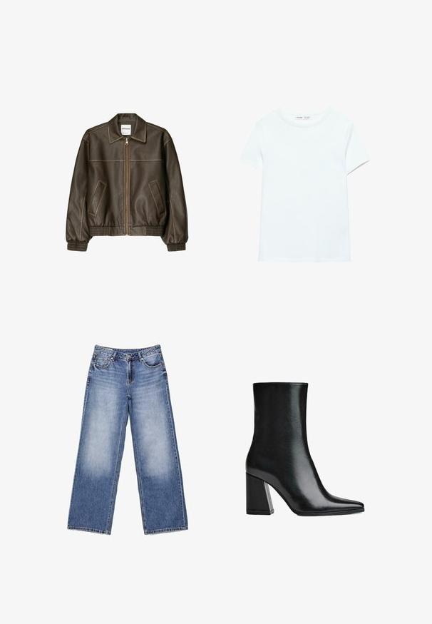 Veste bomber en cuir marron avec fermeture éclair à l'avant, col pointu, poignets et ourlet élastiqués, et poches latérales. Coutures contrastées visibles.; T-shirt blanc uni en coton à manches courtes, col rond, présenté à plat sur un fond blanc, sans motifs ni logos visibles.; Jeans en denim bleu clair à jambes larges avec poches avant, passants pour ceinture, fermeture par bouton et légère décoloration sur les cuisses avant.; Bottine en cuir noir avec un bout pointu et un talon bloc haut. Texture lisse avec une silhouette élégante et un design de base solide.