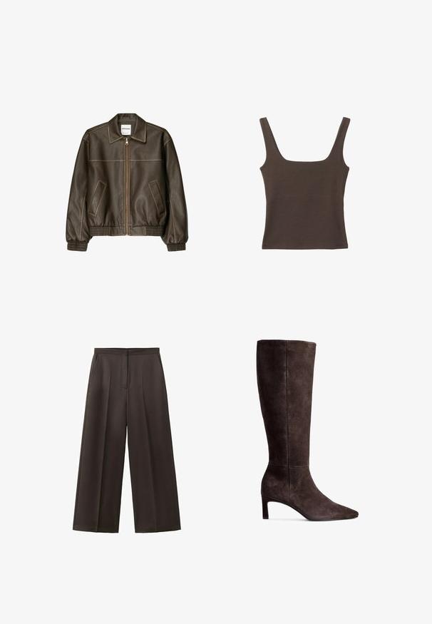 Braune Lederbomberjacke mit einem Reißverschluss vorne, spitzem Kragen, elastischen Bündchen und Saum sowie Seitentaschen. Sichtbare Kontrastnähte.; Braunes ärmelloses Oberteil mit quadratischem Ausschnitt, aus weichem, dehnbarem Stoff gefertigt. Verfügt über ein figurbetontes Design und flache Nähte.; Schwarze Hose mit weitem Bein, hohem Bund, vorderen Falten und Seitentaschen, entworfen für formelle oder geschäftliche Anlässe.; Braune Wildlederkniehohe Stiefel mit spitzer Zehe und 7,5 cm hohem Absatz. Glatte Textur, elegante Silhouette und minimalistisches Design.
