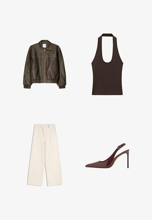 Veste bomber en cuir marron avec fermeture éclair à l'avant, col pointu, poignets et ourlet élastiqués, et poches latérales. Coutures contrastées visibles.; Haut sans manches marron foncé avec larges bretelles et décolleté profond en forme de goutte, en tissu côtelé tricoté.; Pantalon large couleur écru avec poches avant, passants pour ceinture, et boutons argentés sur la ceinture et les bords des poches.; Escarpin à talon aiguille en cuir verni marron foncé, à bout pointu, avec une bride réglable et une fine semelle.