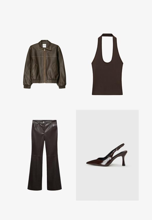 Veste bomber en cuir marron avec fermeture éclair à l'avant, col pointu, poignets et ourlet élastiqués, et poches latérales. Coutures contrastées visibles.; Haut sans manches marron foncé avec larges bretelles et décolleté profond en forme de goutte, en tissu côtelé tricoté.; Pantalons évasés noirs en faux cuir lisse, dotés de poches avant, d'une fermeture éclair et d'un bouton argenté. Détails de couture accentués.; Talons slingback en cuir verni brun avec un bout pointu, un talon fin, et une sangle réglable avec une petite boucle.