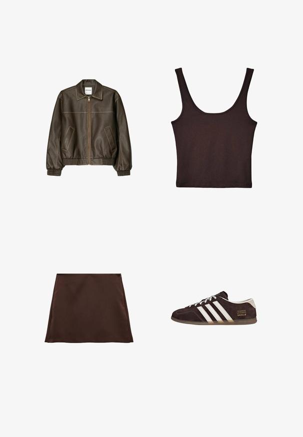 Veste bomber en cuir marron avec fermeture éclair à l'avant, col pointu, poignets et ourlet élastiqués, et poches latérales. Coutures contrastées visibles.; Débardeur côtelé marron foncé avec de larges bretelles et une coupe ajustée. Le tissu est doux avec une texture lisse et une longueur cropped.; Jupe en A marron en tissu doux, présentant une texture lisse et une fermeture éclair latérale dissimulée.; Baskets en suède marron avec trois bandes blanches, semelle en caoutchouc, et étiquette avec le texte "Gazelle" en or. Fermeture à lacets avec lacets gris.
