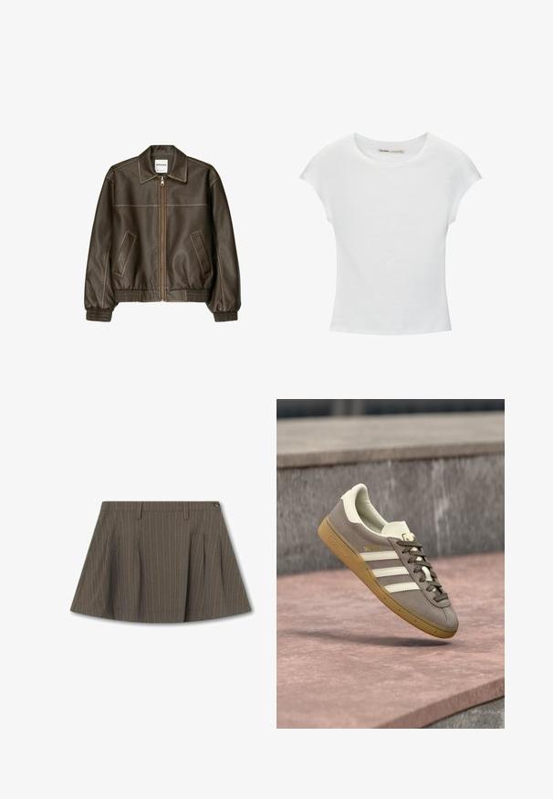 Veste bomber en cuir marron avec fermeture éclair à l'avant, col pointu, poignets et ourlet élastiqués, et poches latérales. Coutures contrastées visibles.; T-shirt en coton blanc avec manches courtes retroussées, encolure ronde et ourlet droit. Texture lisse sans motifs ni accents visibles.; Jupe rayée marron avec des plis, fabriquée dans un tissu lisse. Elle dispose d'une taille et d'une fermeture éclair sur le côté.; Baskets Adidas en suède marron clair avec des rayures blanches et une semelle gomme, suspendues au-dessus de marches en pierre rose en plein air.