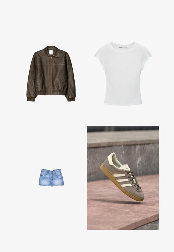 Veste bomber en cuir marron avec fermeture éclair à l'avant, col pointu, poignets et ourlet élastiqués, et poches latérales. Coutures contrastées visibles.; T-shirt en coton blanc avec manches courtes retroussées, encolure ronde et ourlet droit. Texture lisse sans motifs ni accents visibles.; Jupe en denim bleu clair avec un ourlet effiloché, fermeture à boutons sur le devant et deux poches à l'avant. Les détails usés ajoutent de la texture.; Baskets Adidas en suède marron clair avec des rayures blanches et une semelle gomme, suspendues au-dessus de marches en pierre rose en plein air.